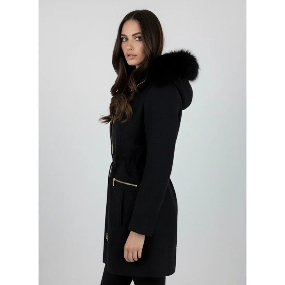 Laundry By Shelli Segal Black Wool Faux Fur Trim Hooded Coat | Cozy Quiet Luxury - Picture 4 of 16
